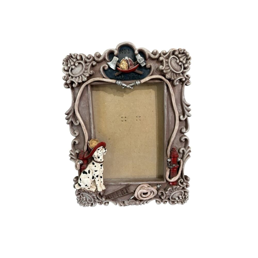FIREMAN FIREFIGHTER 3.5 × 5" PICTURE PHOTO FRAME RESIN VINTAGE DALMATIAN DOG PUP